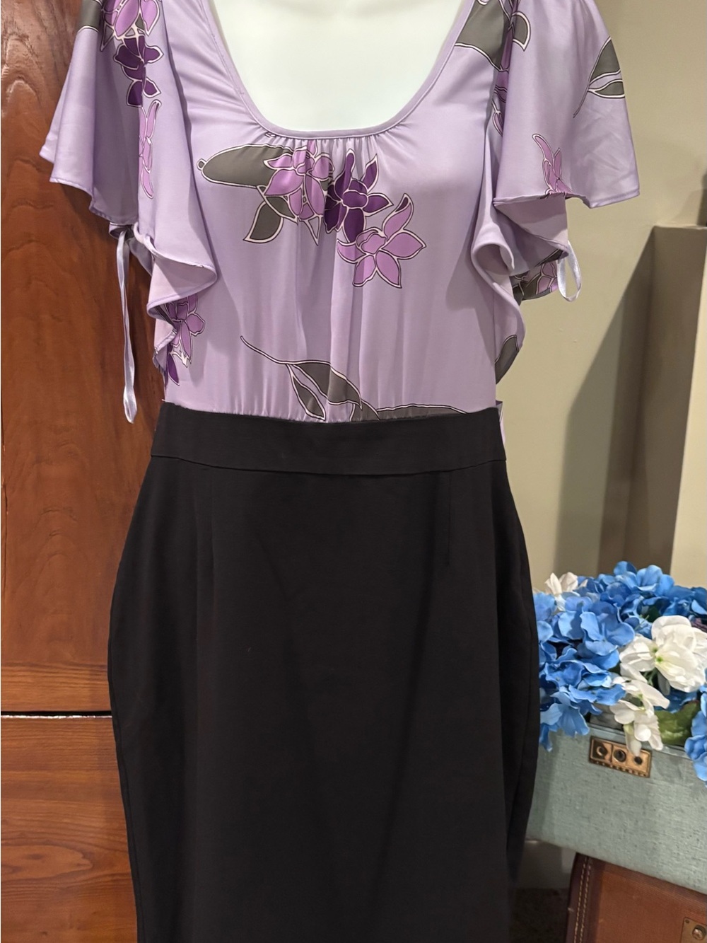 New York & Company Black Pencil Dress with Lavender Floral Top